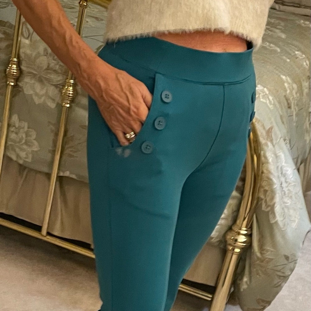 Betabrand Teal Women's Skinny Pants w/Button Detail Sailor Style work yoga Small